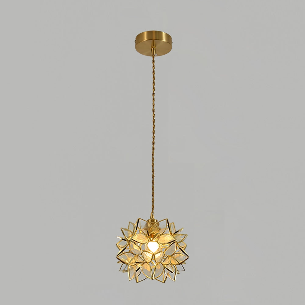 Capiz Shell Flower Sphere Pendant Light Brass Hanging Lamp for Dining Room