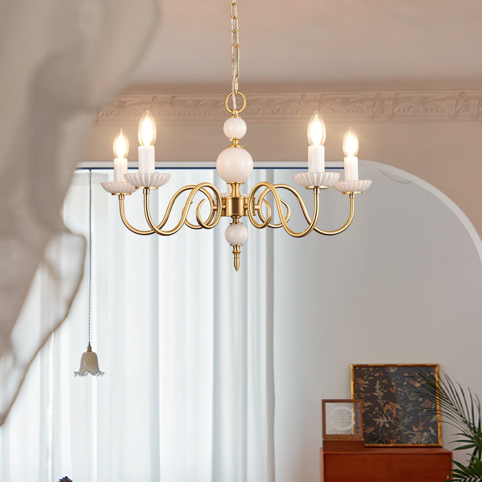 Carlita Contemporary Brass Chandelier with White Glass Shades for Dining Room