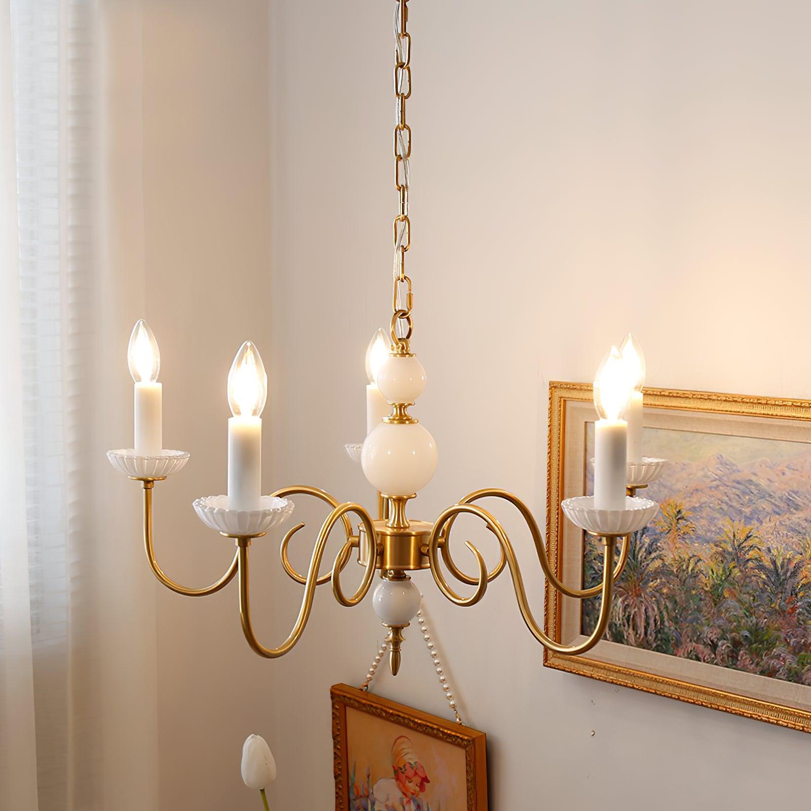 Carlita Contemporary Brass Chandelier with White Glass Shades for Dining Room