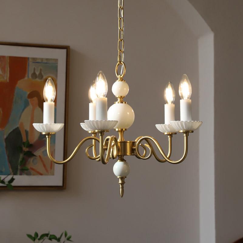Carlita Contemporary Brass Chandelier with White Glass Shades for Dining Room
