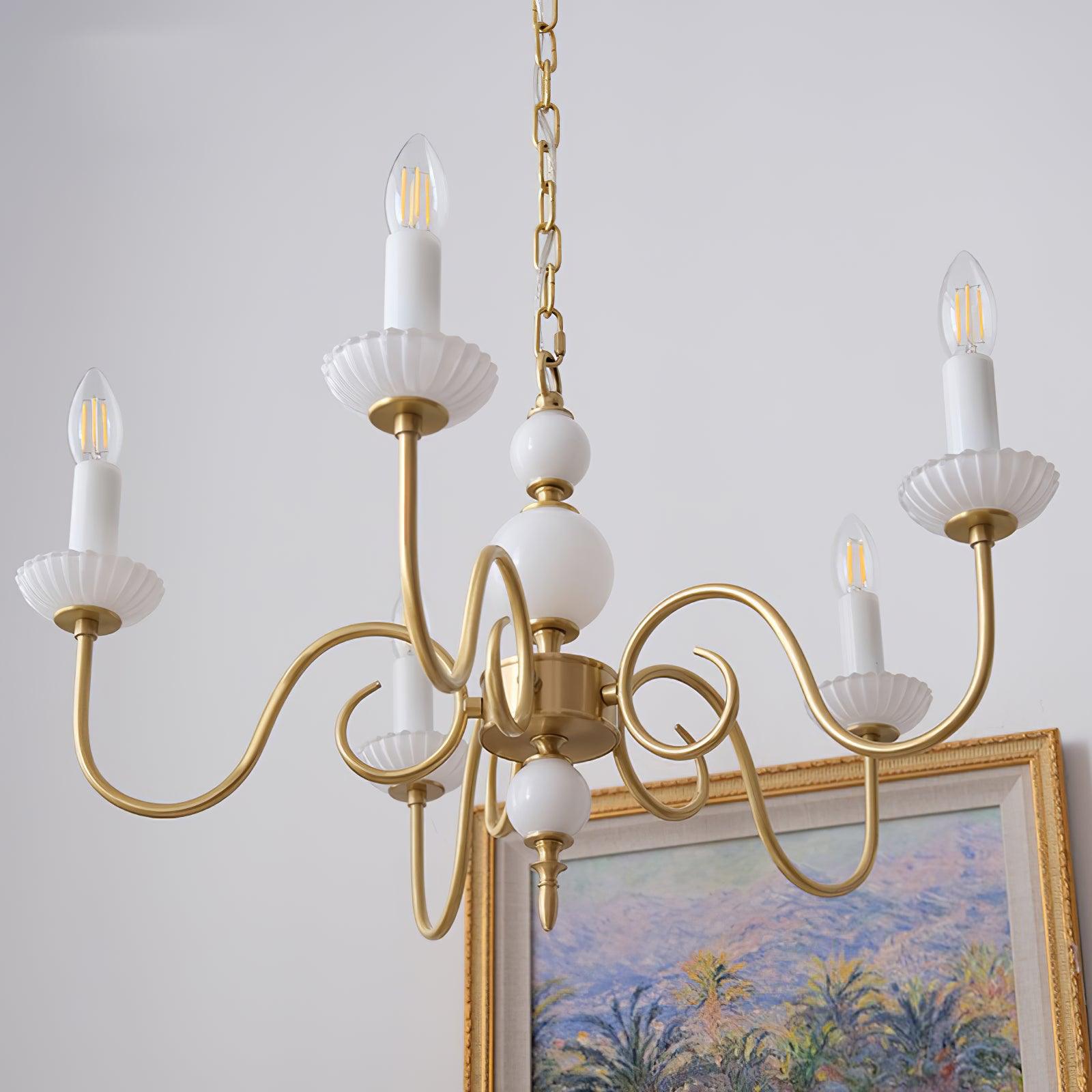 Carlita Contemporary Brass Chandelier with White Glass Shades for Dining Room