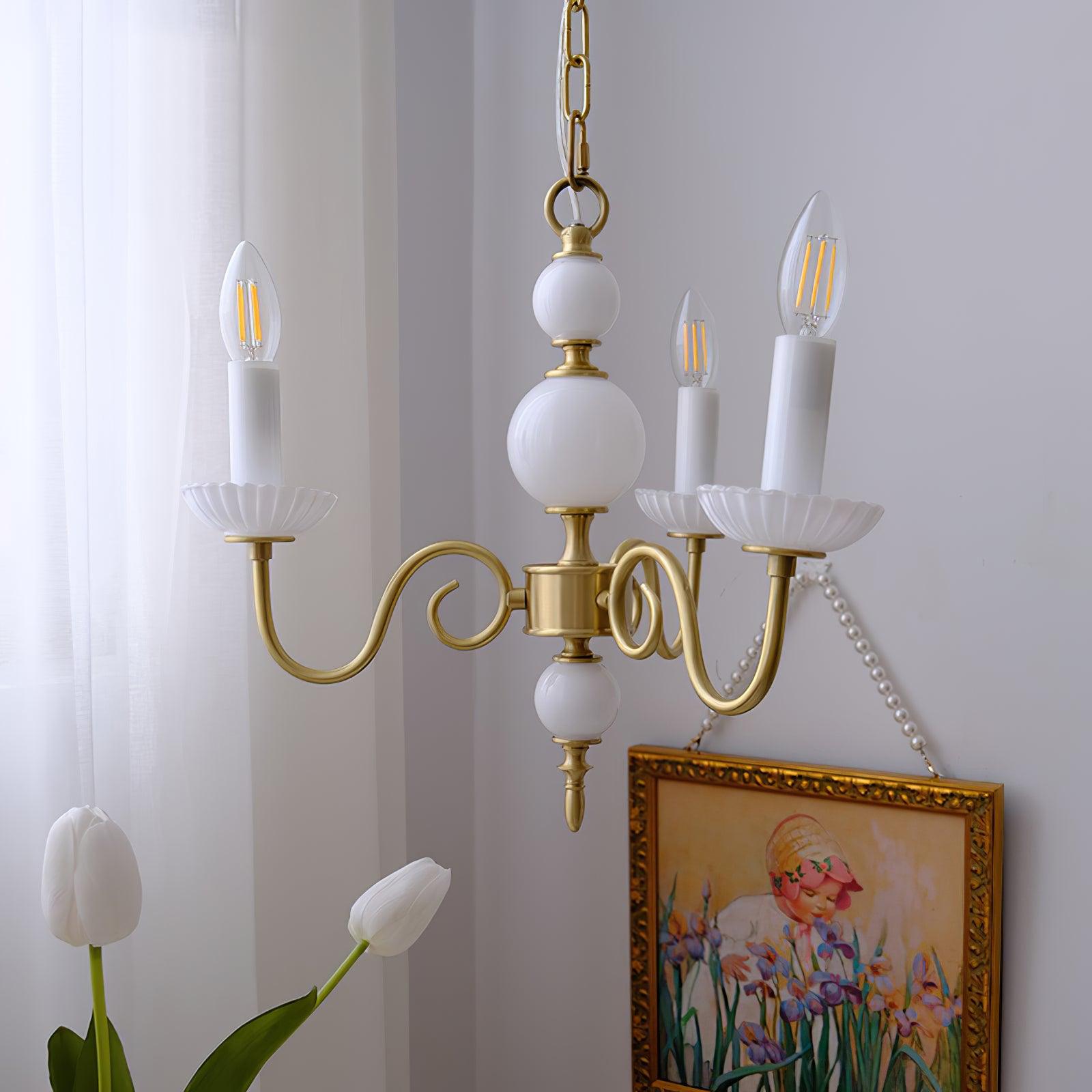 Carlita Contemporary Brass Chandelier with White Glass Shades for Dining Room