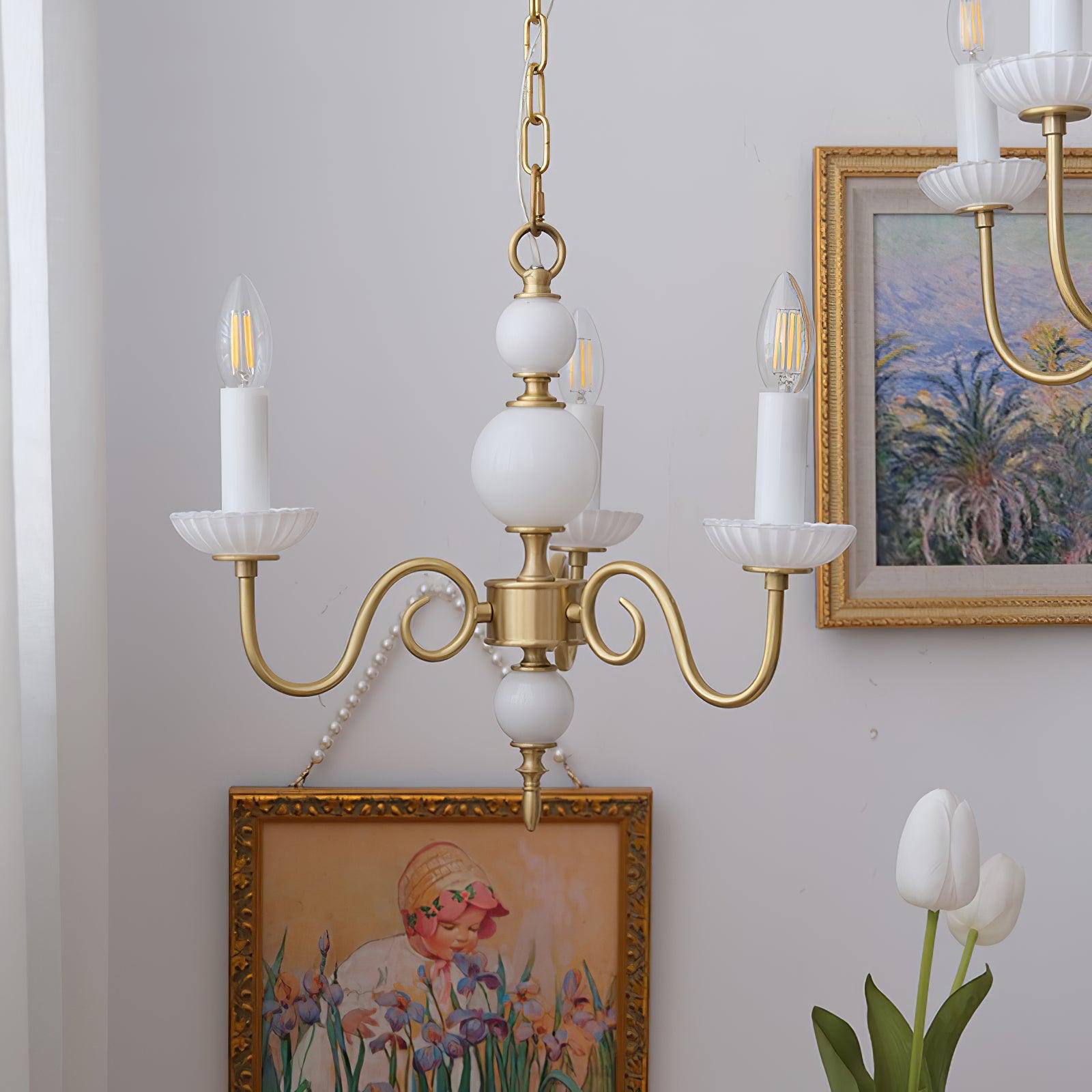 Carlita Contemporary Brass Chandelier with White Glass Shades for Dining Room