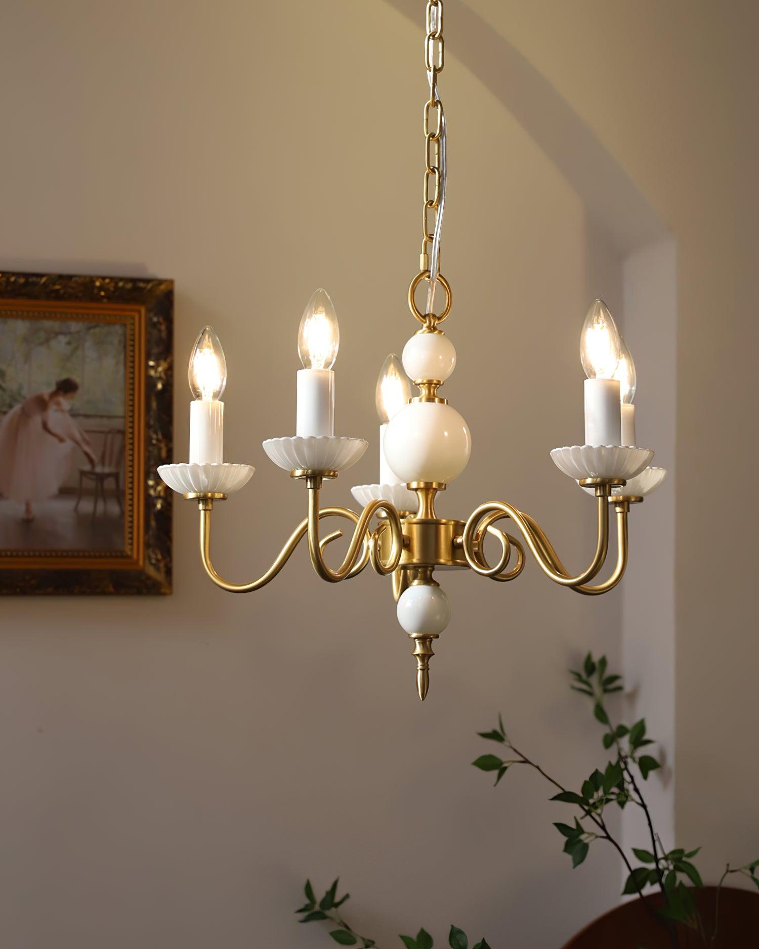 Carlita Contemporary Brass Chandelier with White Glass Shades for Dining Room