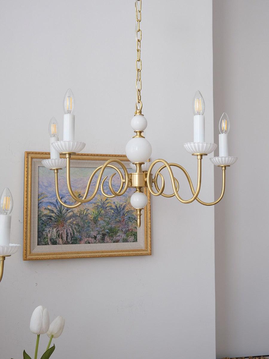 Carlita Contemporary Brass Chandelier with White Glass Shades for Dining Room