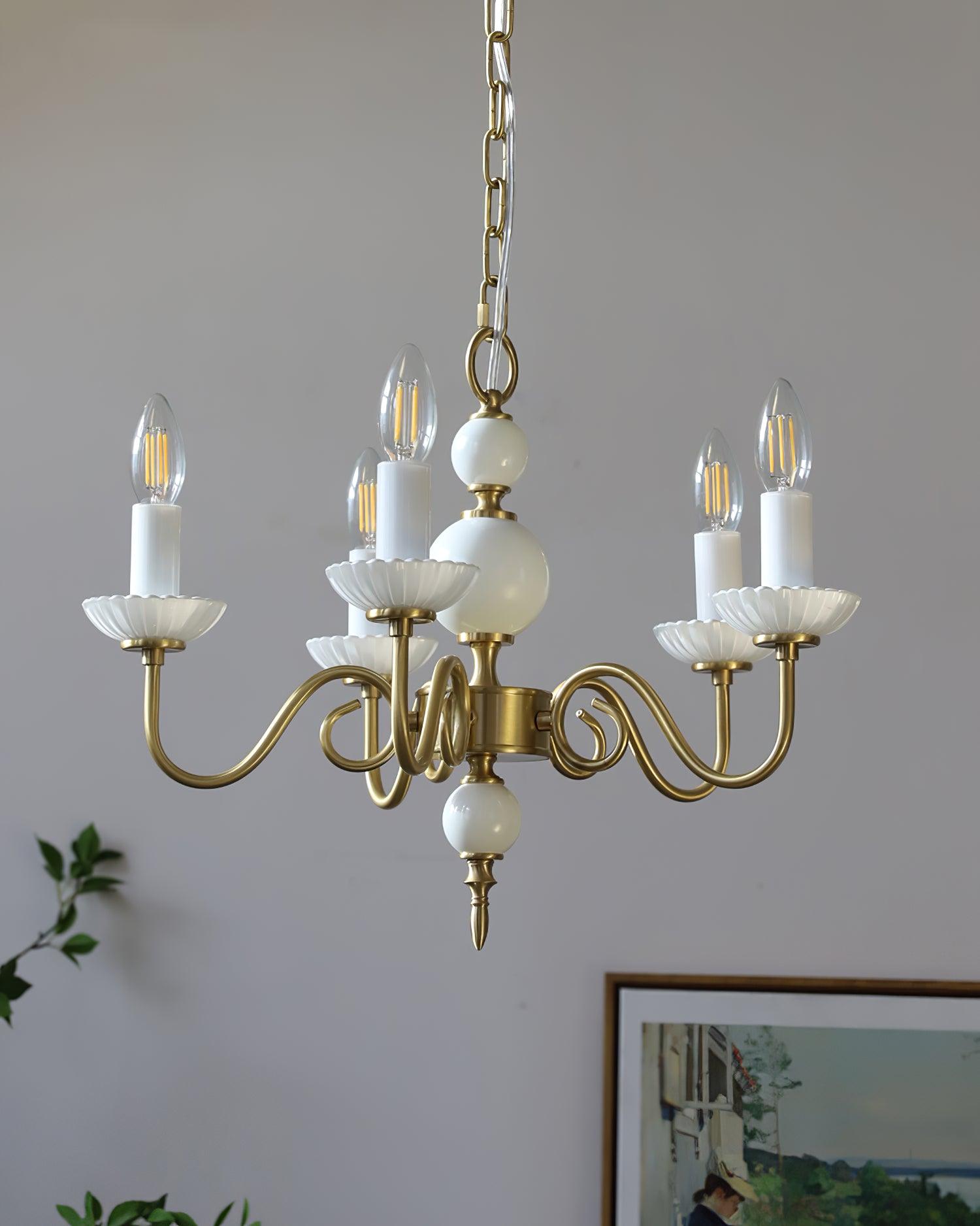 Carlita Contemporary Brass Chandelier with White Glass Shades for Dining Room