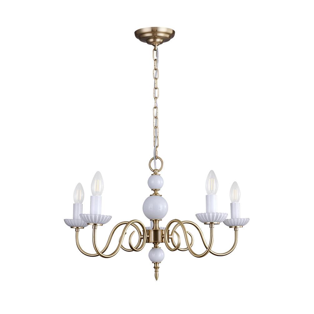 Carlita Contemporary Brass Chandelier with White Glass Shades for Dining Room