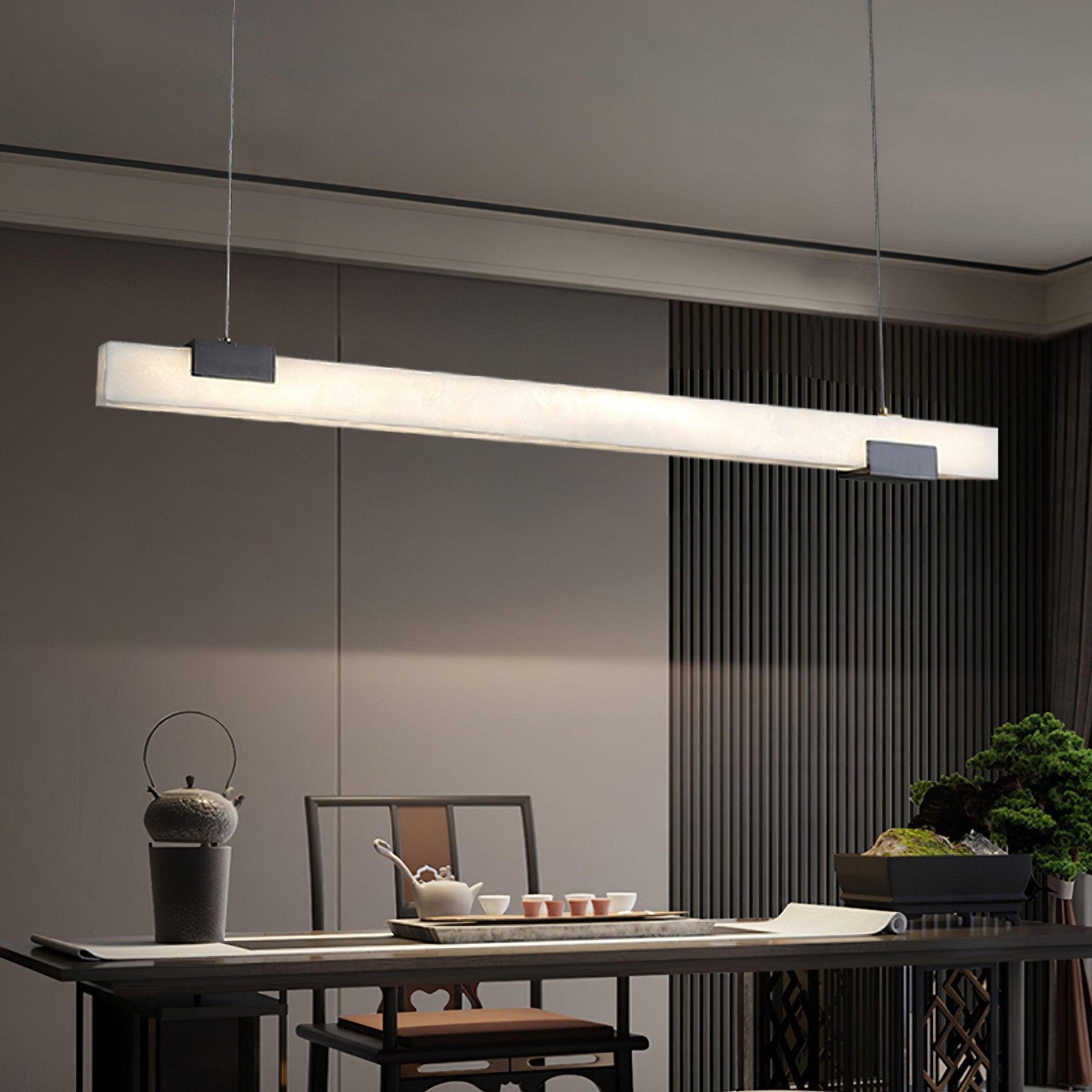 Cary Alabaster Linear LED Pendant Light Brass Modern Long Bar Chandelier for Dining Room