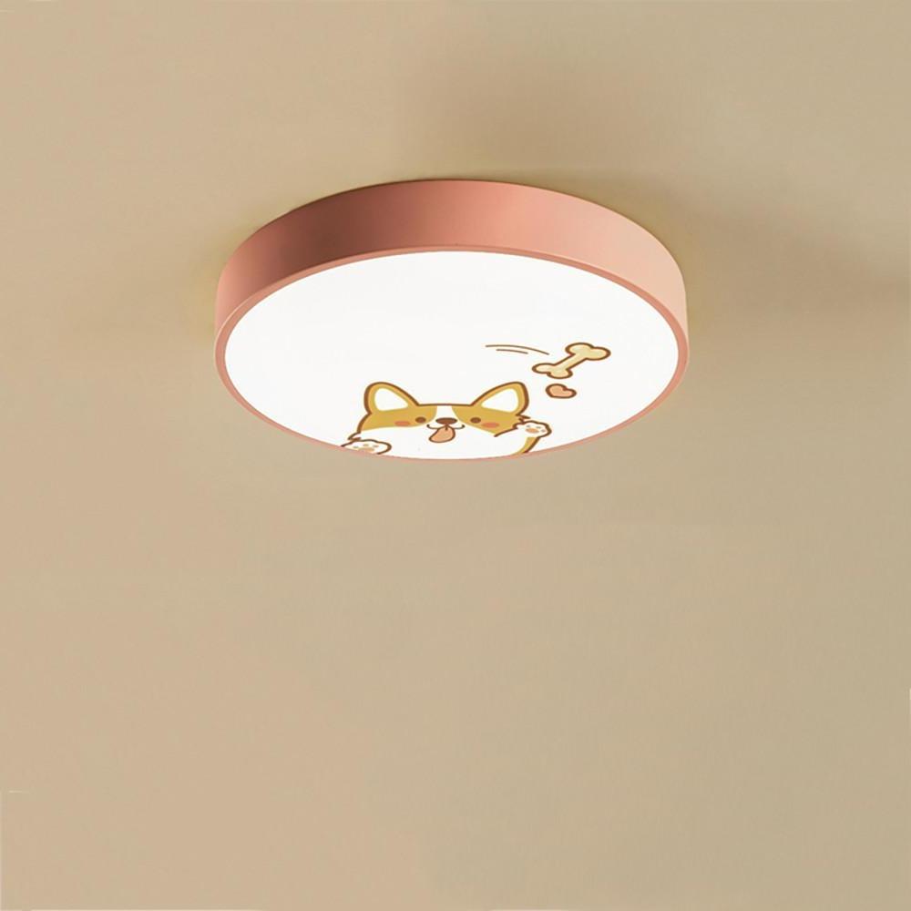 Cute Dog Pattern LED Flush Mount Ceiling Light Circular Metal Drum Fixture for Kids Bedroom