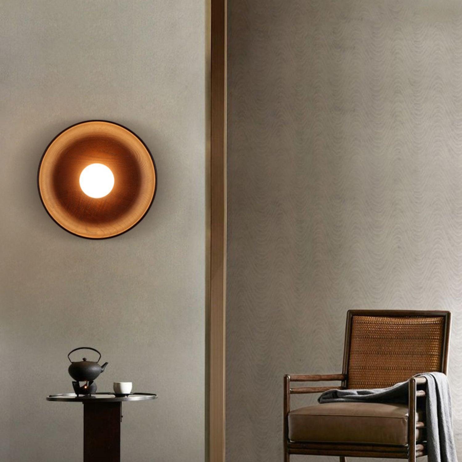 Centric Minimalist Wood Wall Lamp Set of Two Indoor Glass Sconce and Flush Mount Ceiling Light Fixture