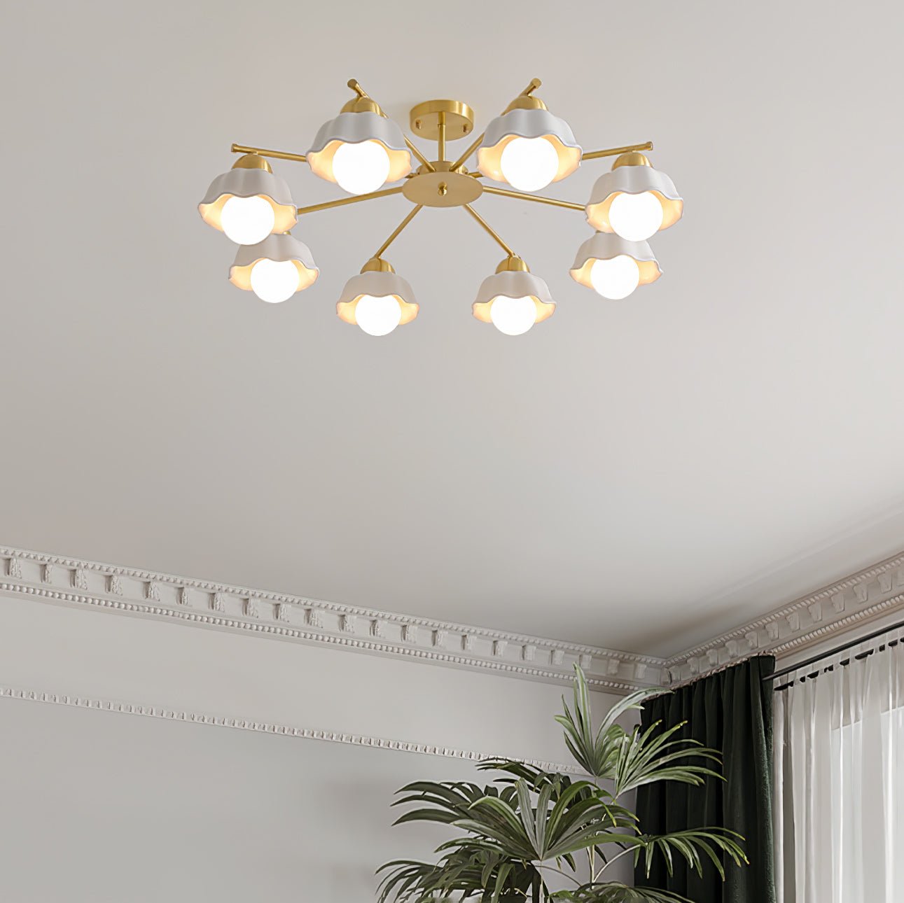 Ceramic Flower Shade Candelabrum Chandelier Elegant Brass Floral Ceiling Light