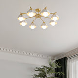 Ceramic Flower Shade Candelabrum Chandelier Elegant Brass Floral Ceiling Light