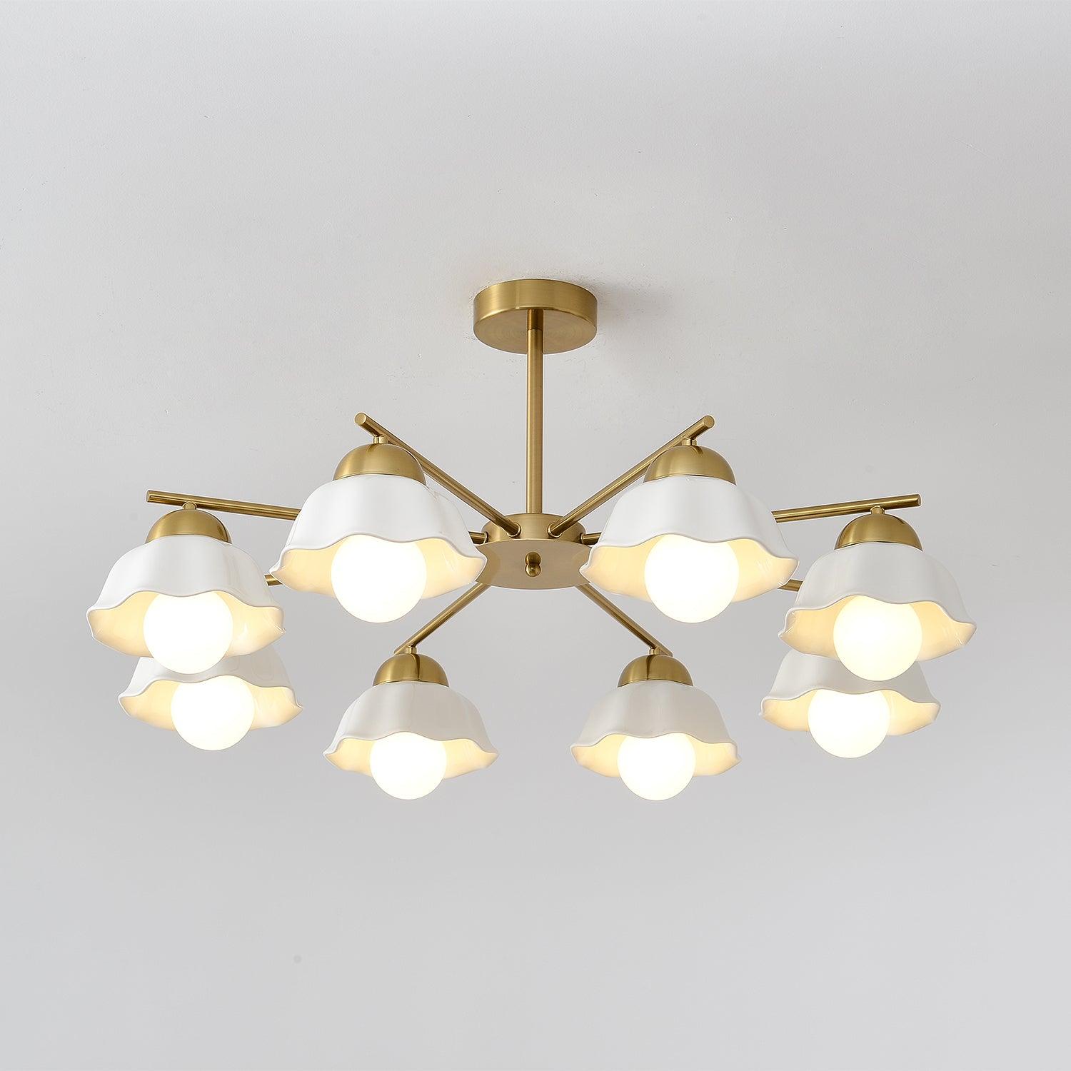 Ceramic Flower Shade Candelabrum Chandelier Elegant Brass Floral Ceiling Light