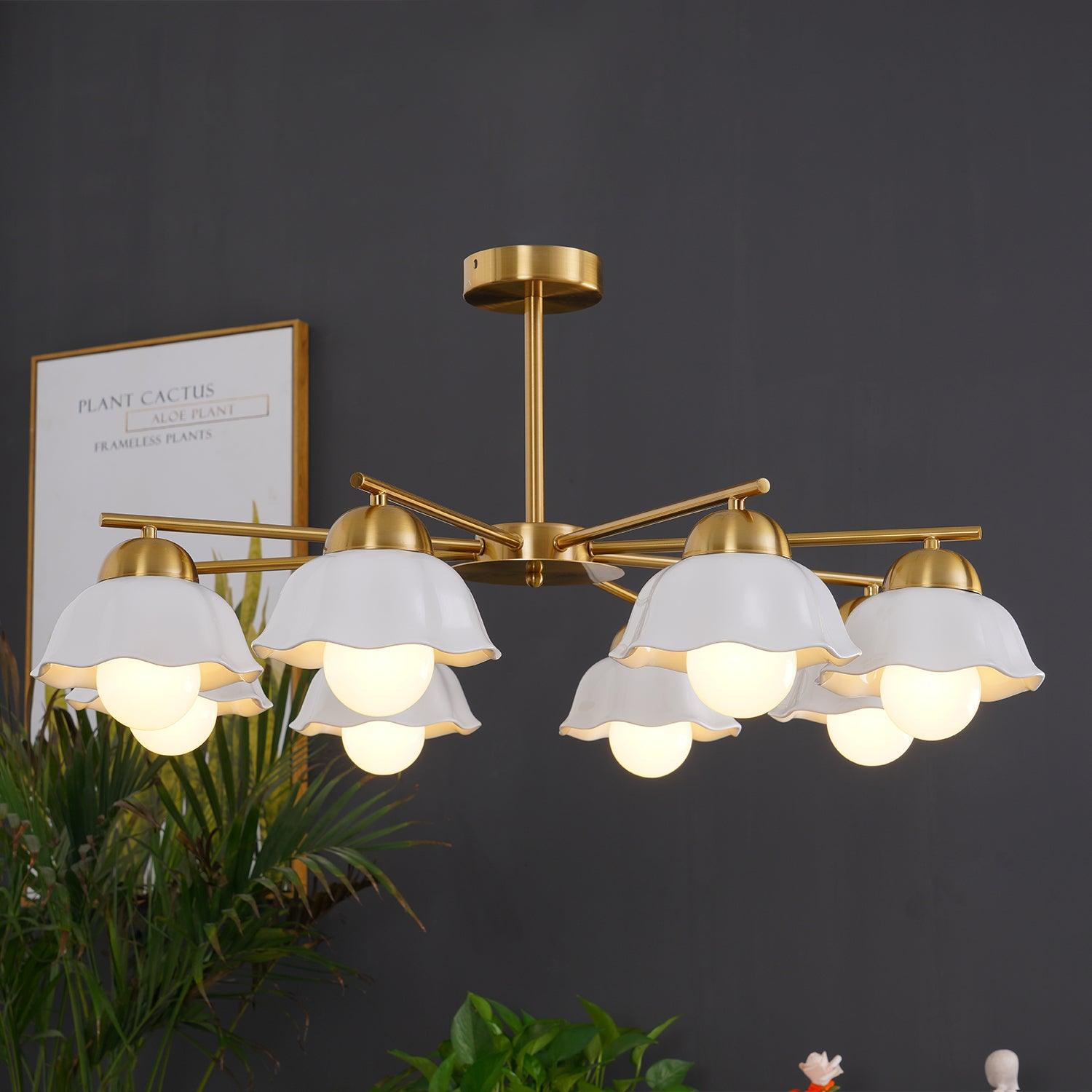 Ceramic Flower Shade Candelabrum Chandelier Elegant Brass Floral Ceiling Light