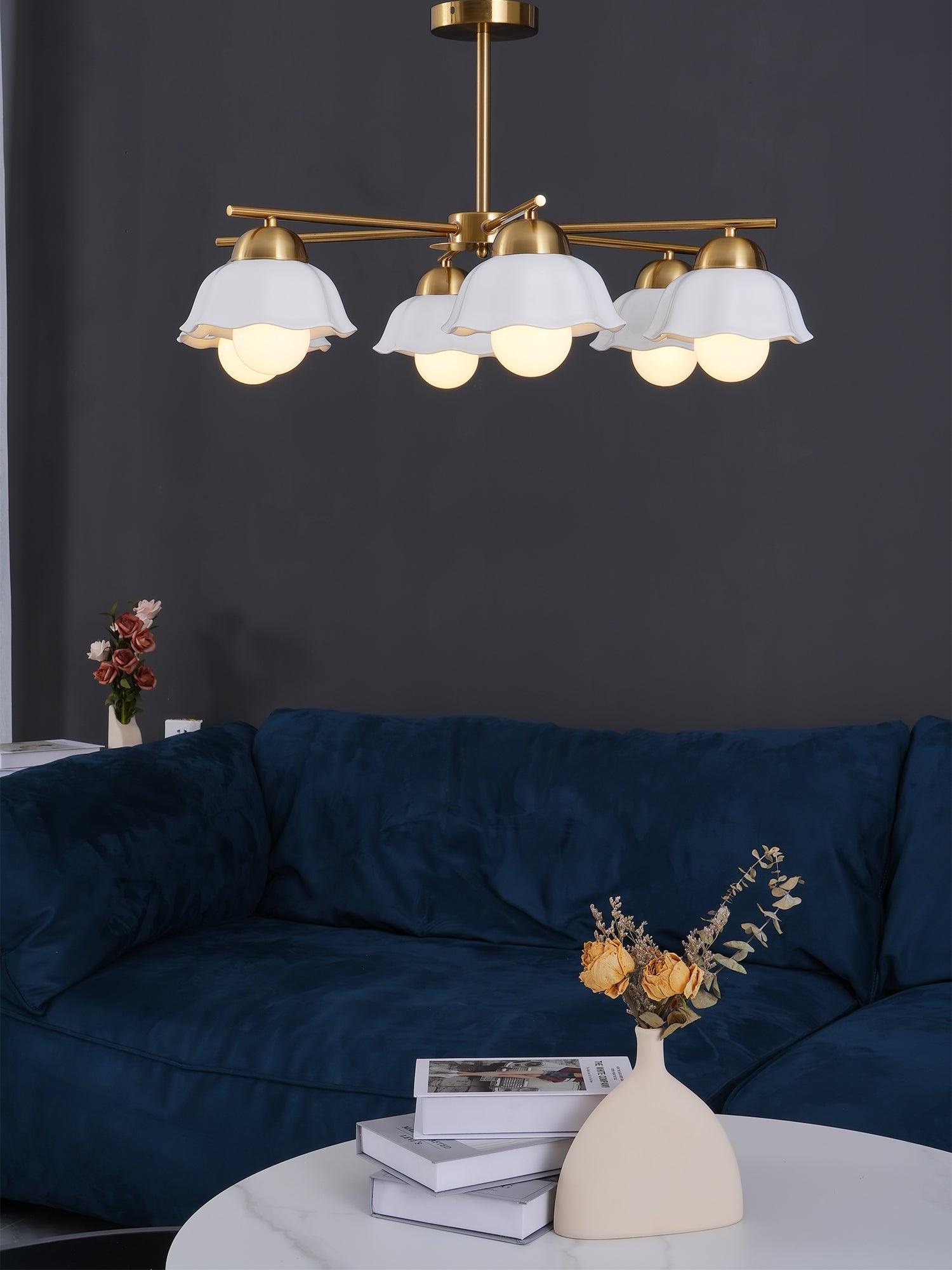 Ceramic Flower Shade Candelabrum Chandelier Elegant Brass Floral Ceiling Light