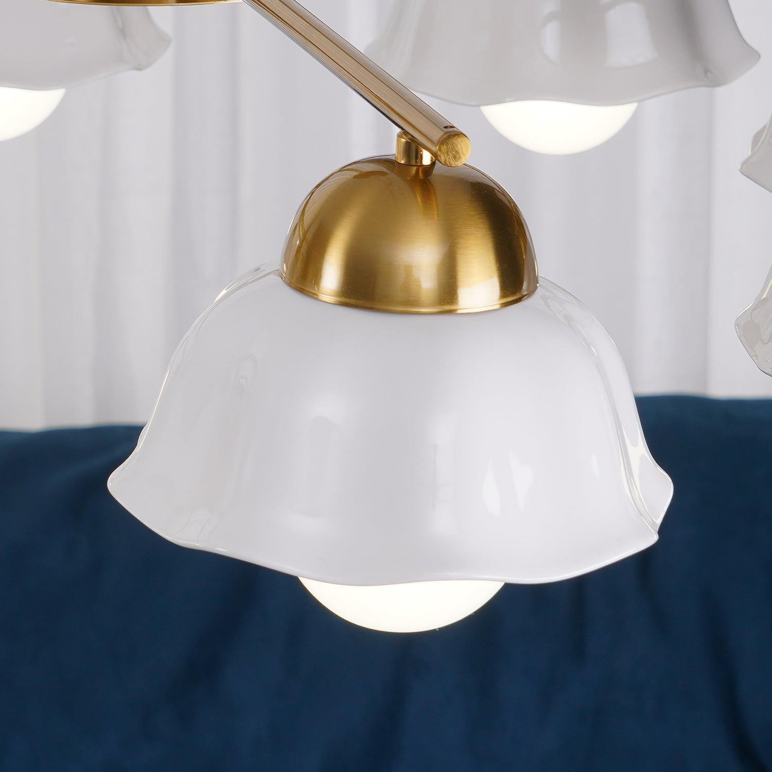 Ceramic Flower Shade Candelabrum Chandelier Elegant Brass Floral Ceiling Light
