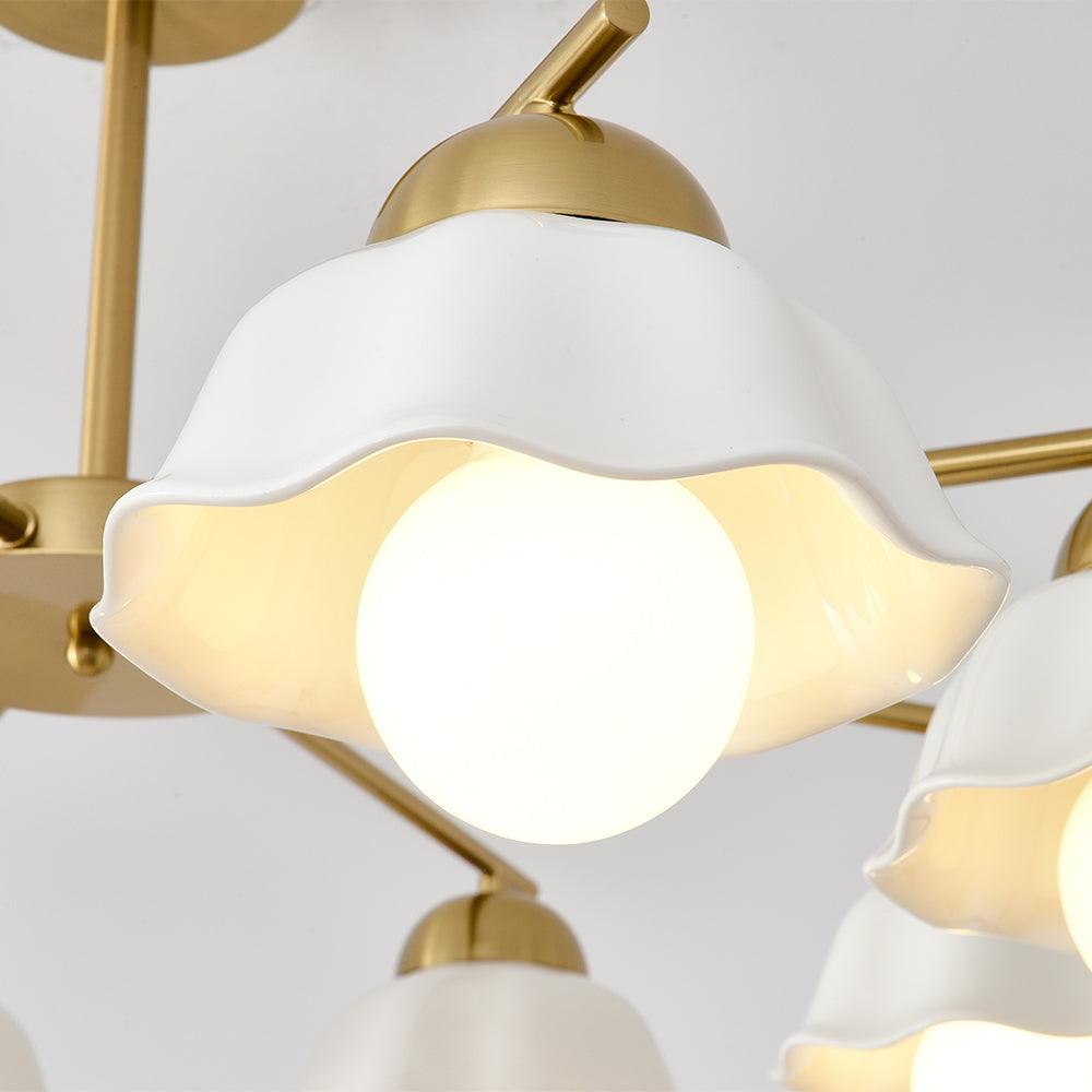 Ceramic Flower Shade Candelabrum Chandelier Elegant Brass Floral Ceiling Light