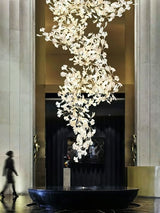Ceramic Gingko Leaf Chandelier Luxury Branch Pendant Light Gold and White