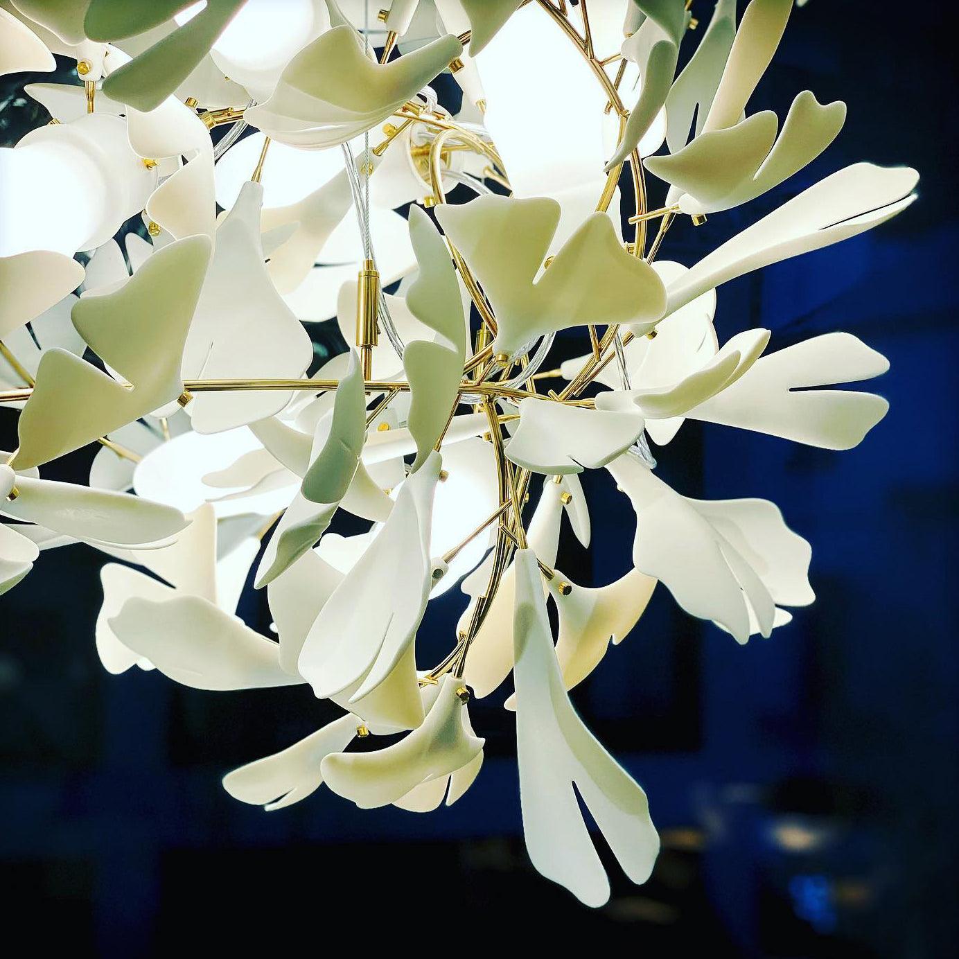 Ceramic Gingko Leaf Chandelier Luxury Branch Pendant Light Gold and White