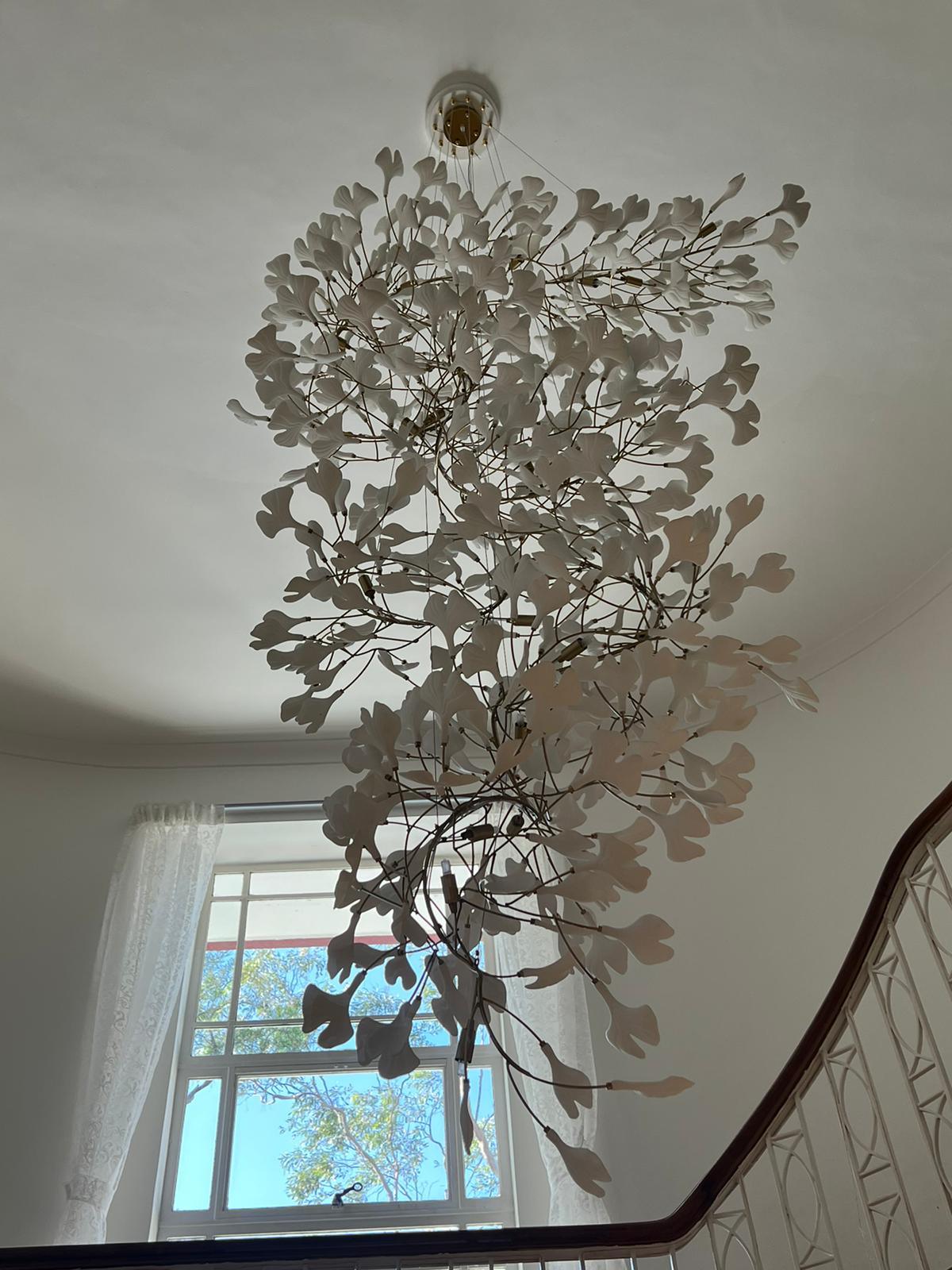 Ceramic Gingko Leaf Chandelier Luxury Branch Pendant Light Gold and White