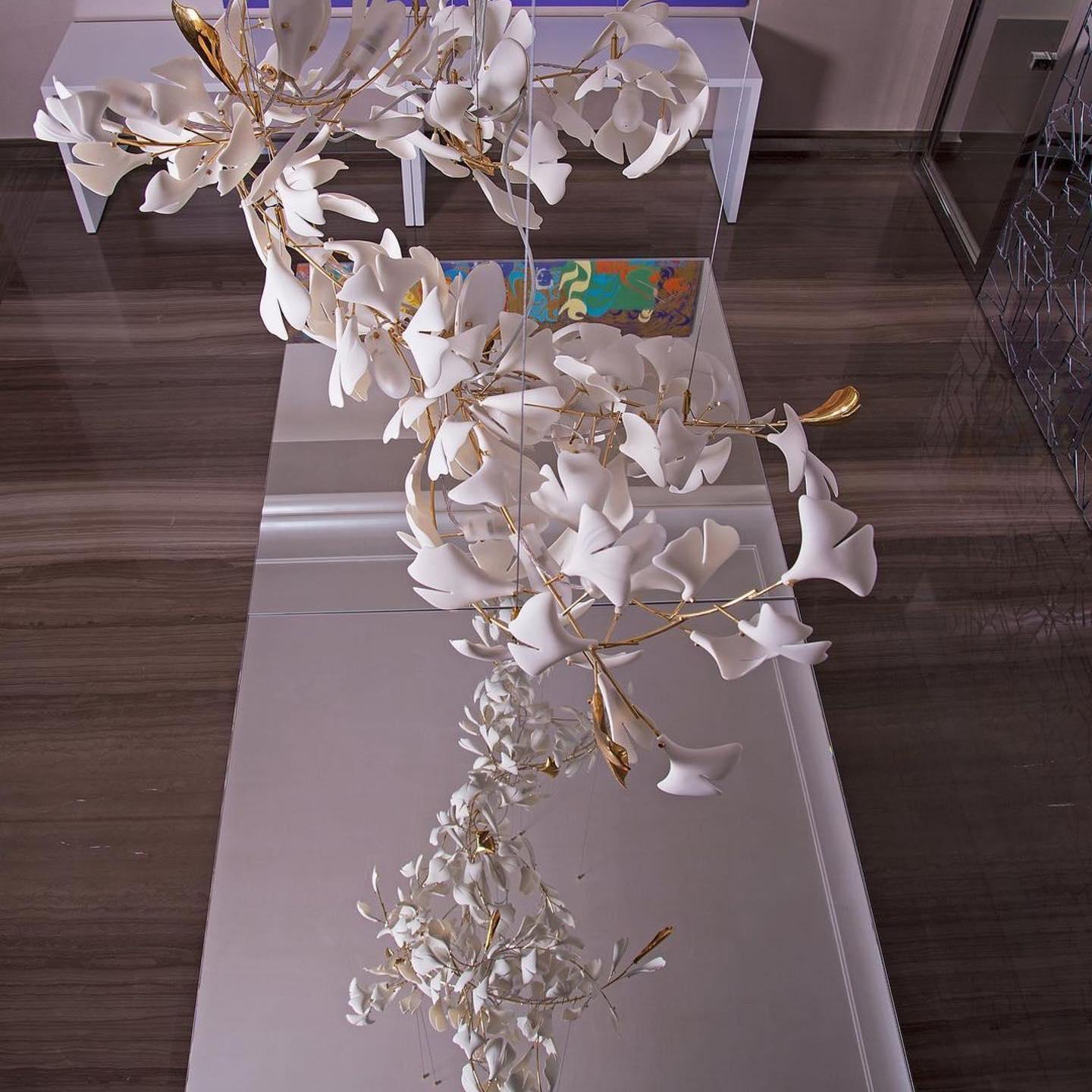 Ceramic Gingko Leaf Chandelier Luxury Branch Pendant Light Gold and White