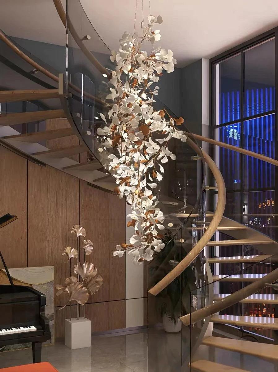 Ceramic Gingko Leaf Chandelier Luxury Branch Pendant Light Gold and White