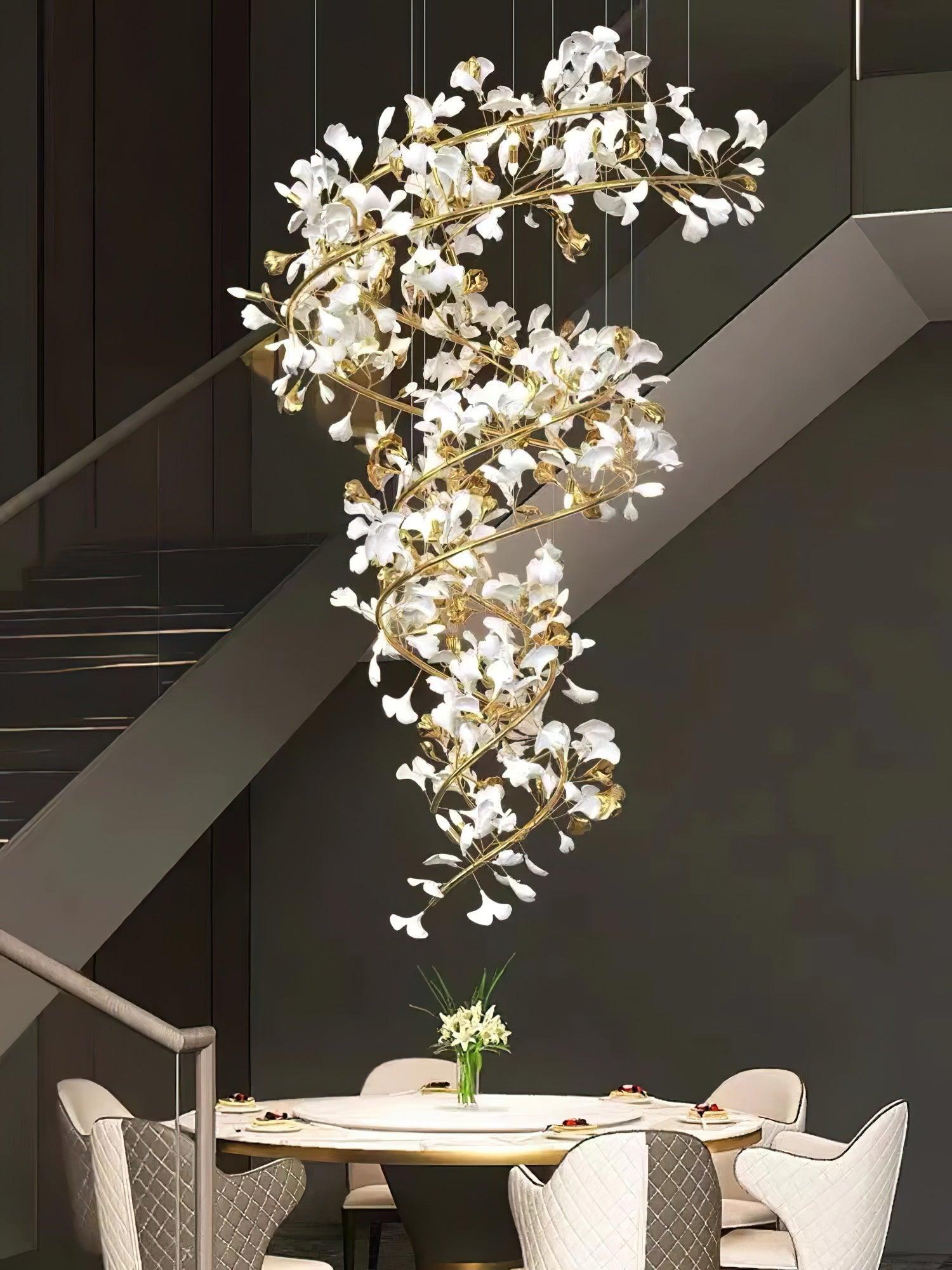 Ceramic Gingko Leaf Chandelier Luxury Branch Pendant Light Gold and White