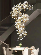 Ceramic Gingko Leaf Chandelier Luxury Branch Pendant Light Gold and White