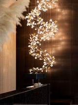 Ceramic Gingko Leaf Chandelier Luxury Branch Pendant Light Gold and White