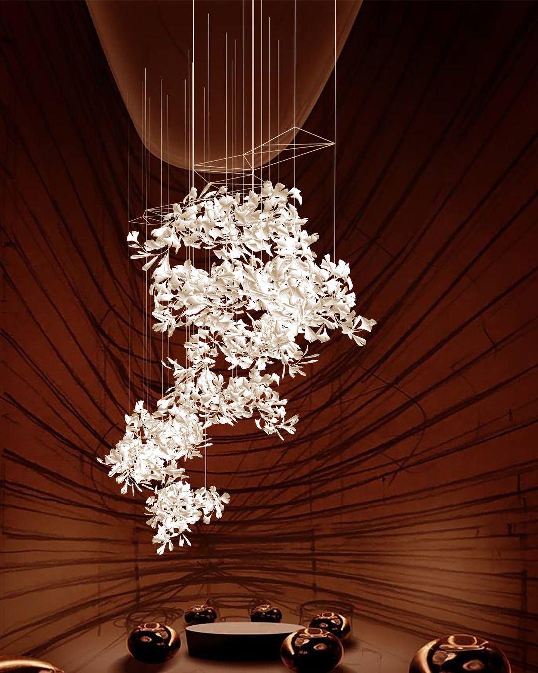 Ceramic Gingko Leaf Chandelier Luxury Branch Pendant Light Gold and White