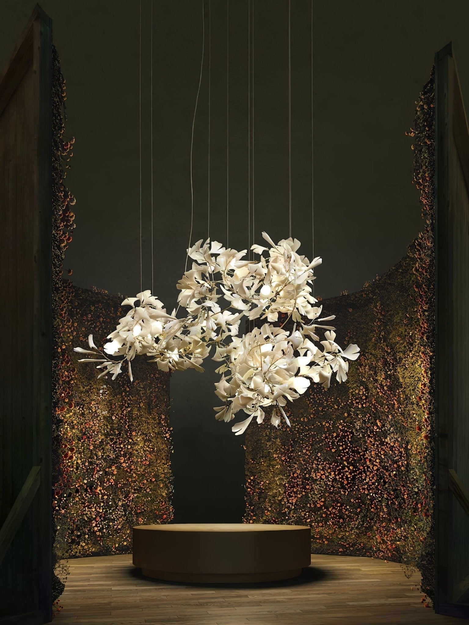 Ceramic Gingko Leaf Chandelier Luxury Branch Pendant Light Gold and White