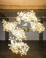 Ceramic Gingko Leaf Chandelier Luxury Branch Pendant Light Gold and White