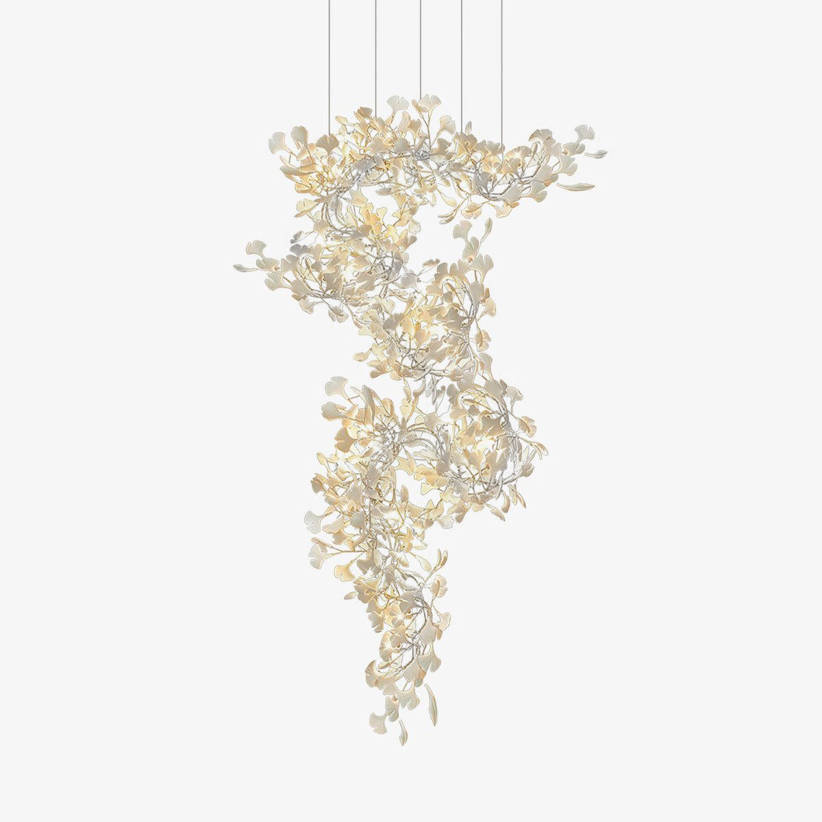 Ceramic Gingko Leaf Chandelier Luxury Branch Pendant Light Gold and White