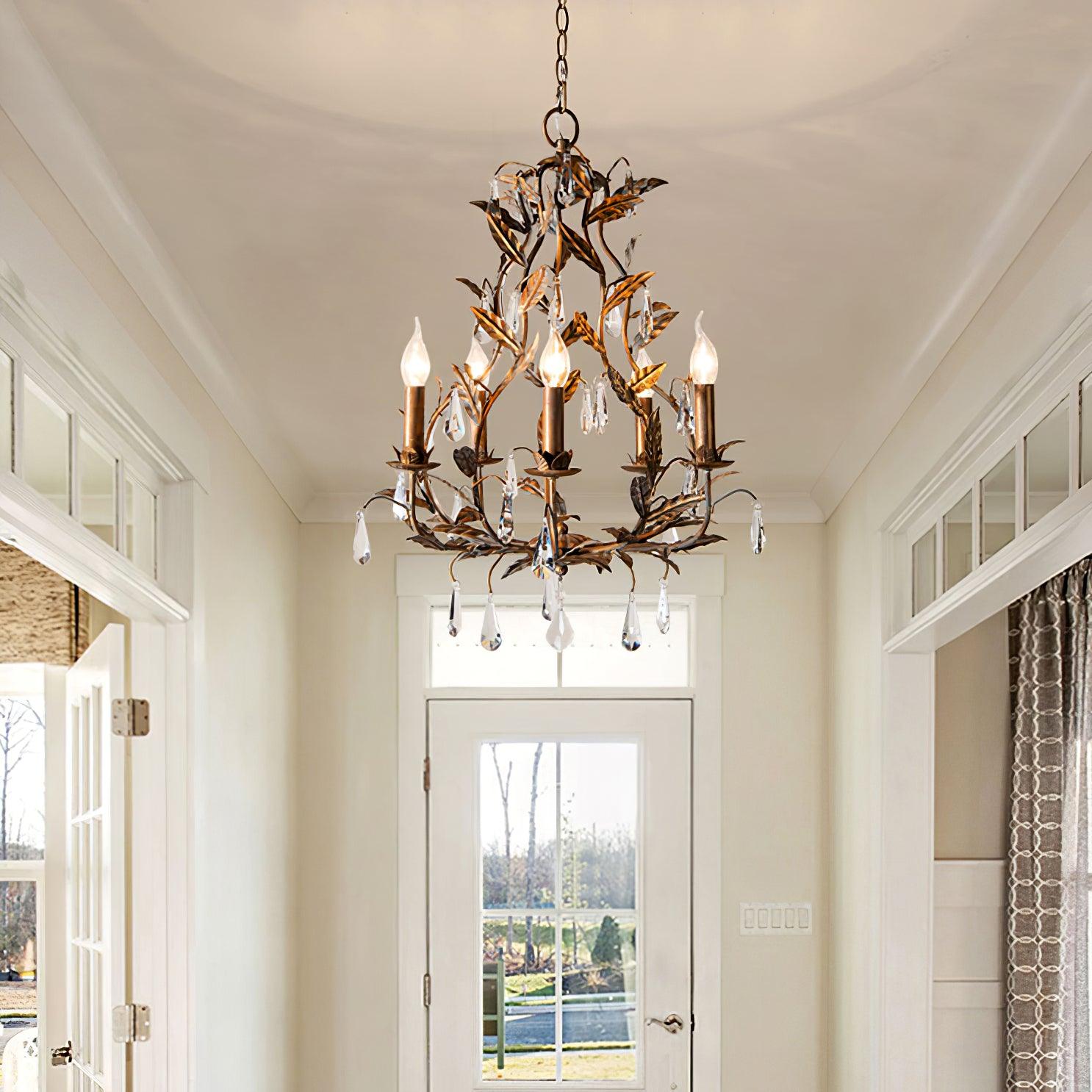 Circeo Organic Foliage Crystal Pendant Light Elegant Metal and Glass Chandelier for Living Room