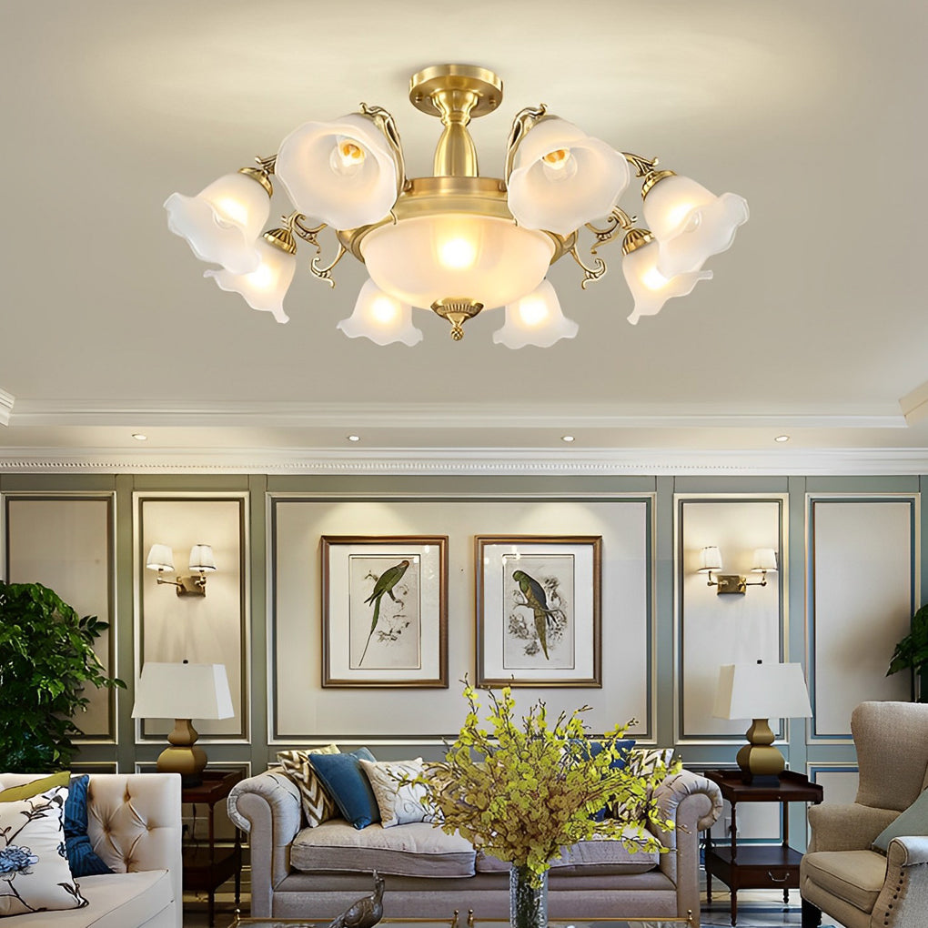 Classic Flower Shaped 8 Light LED Glass Chandelier with Electroplated Metal Finish for Dining Room