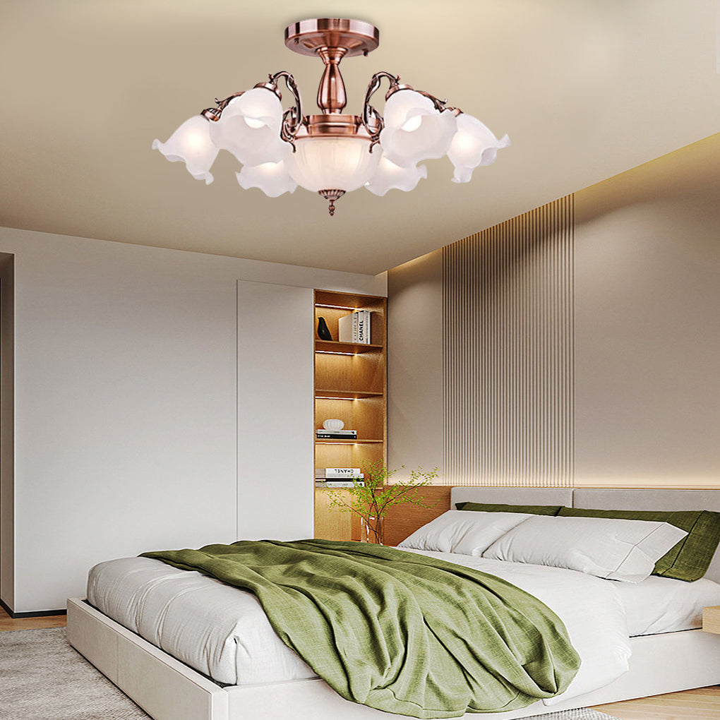 Classic Flower Shaped 8 Light LED Glass Chandelier with Electroplated Metal Finish for Dining Room