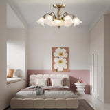 Classic Flower Shaped 8 Light LED Glass Chandelier with Electroplated Metal Finish for Dining Room