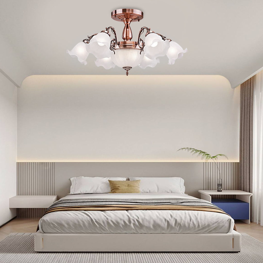 Classic Flower Shaped 8 Light LED Glass Chandelier with Electroplated Metal Finish for Dining Room