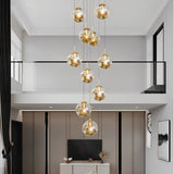 Cognac Glass Globe Long Chandelier Modern Adjustable Staircase Pendant Lighting for High Ceiling
