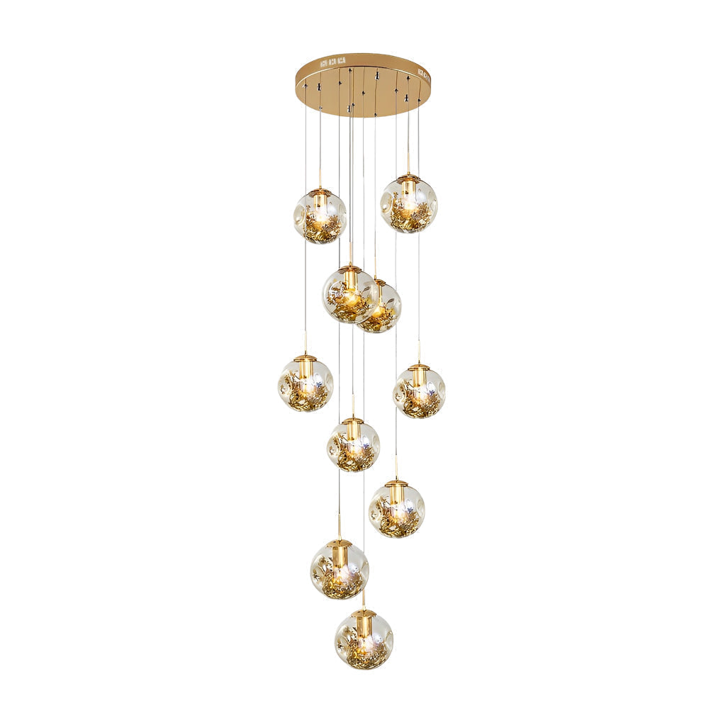 Cognac Glass Globe Long Chandelier Modern Adjustable Staircase Pendant Lighting for High Ceiling