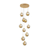 Cognac Glass Globe Long Chandelier Modern Adjustable Staircase Pendant Lighting for High Ceiling