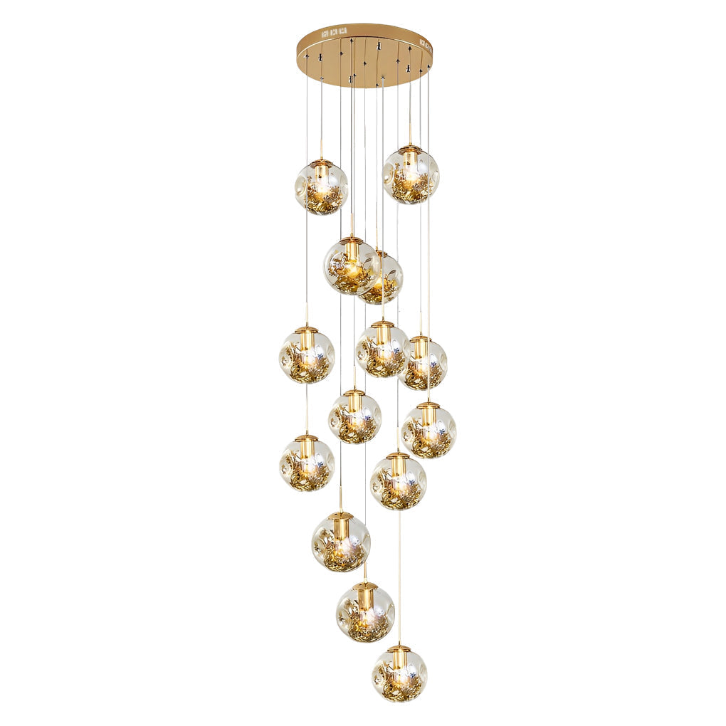 Cognac Glass Globe Long Chandelier Modern Adjustable Staircase Pendant Lighting for High Ceiling