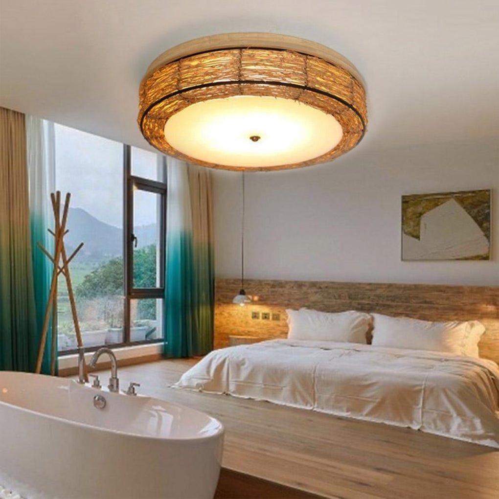 Modern Burlywood Wicker Flush Mount Ceiling Light Fixture for Low Profile Spaces