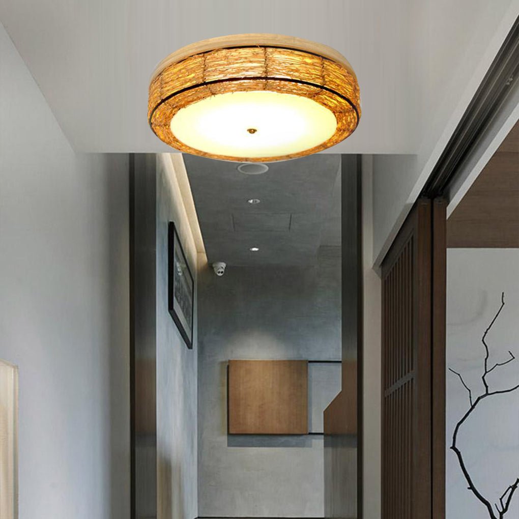 Modern Burlywood Wicker Flush Mount Ceiling Light Fixture for Low Profile Spaces