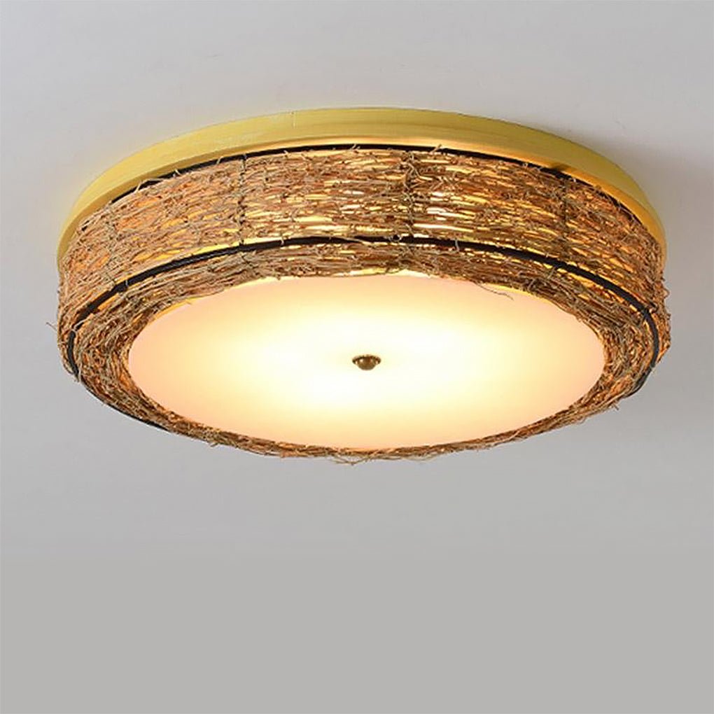 Modern Burlywood Wicker Flush Mount Ceiling Light Fixture for Low Profile Spaces