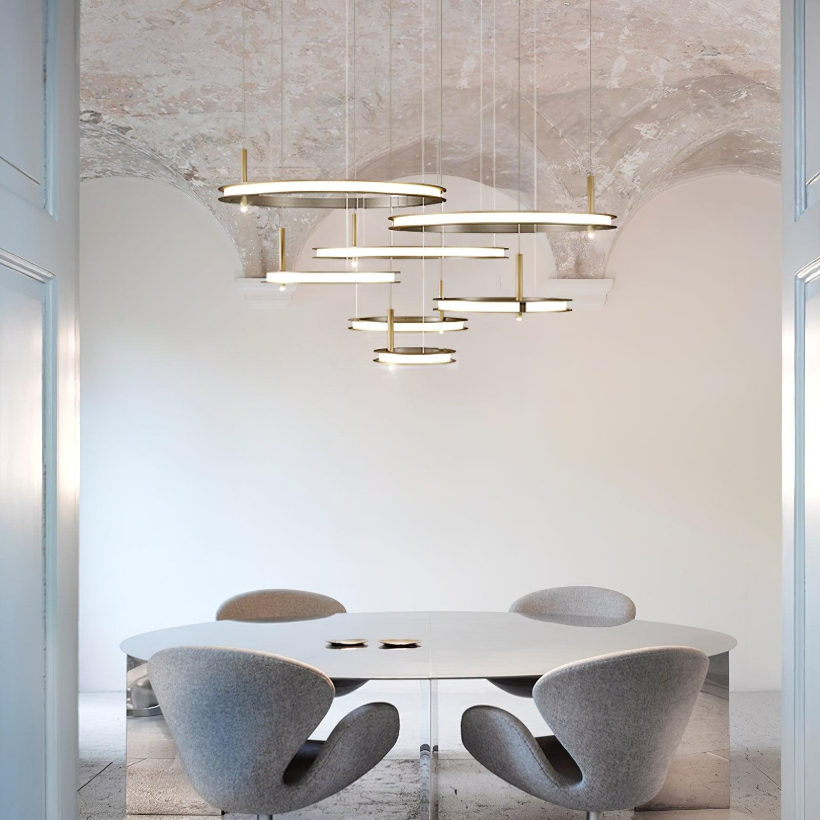 Contemporary Geometric LED Ring Chandelier with Integrated Gold Spotlights