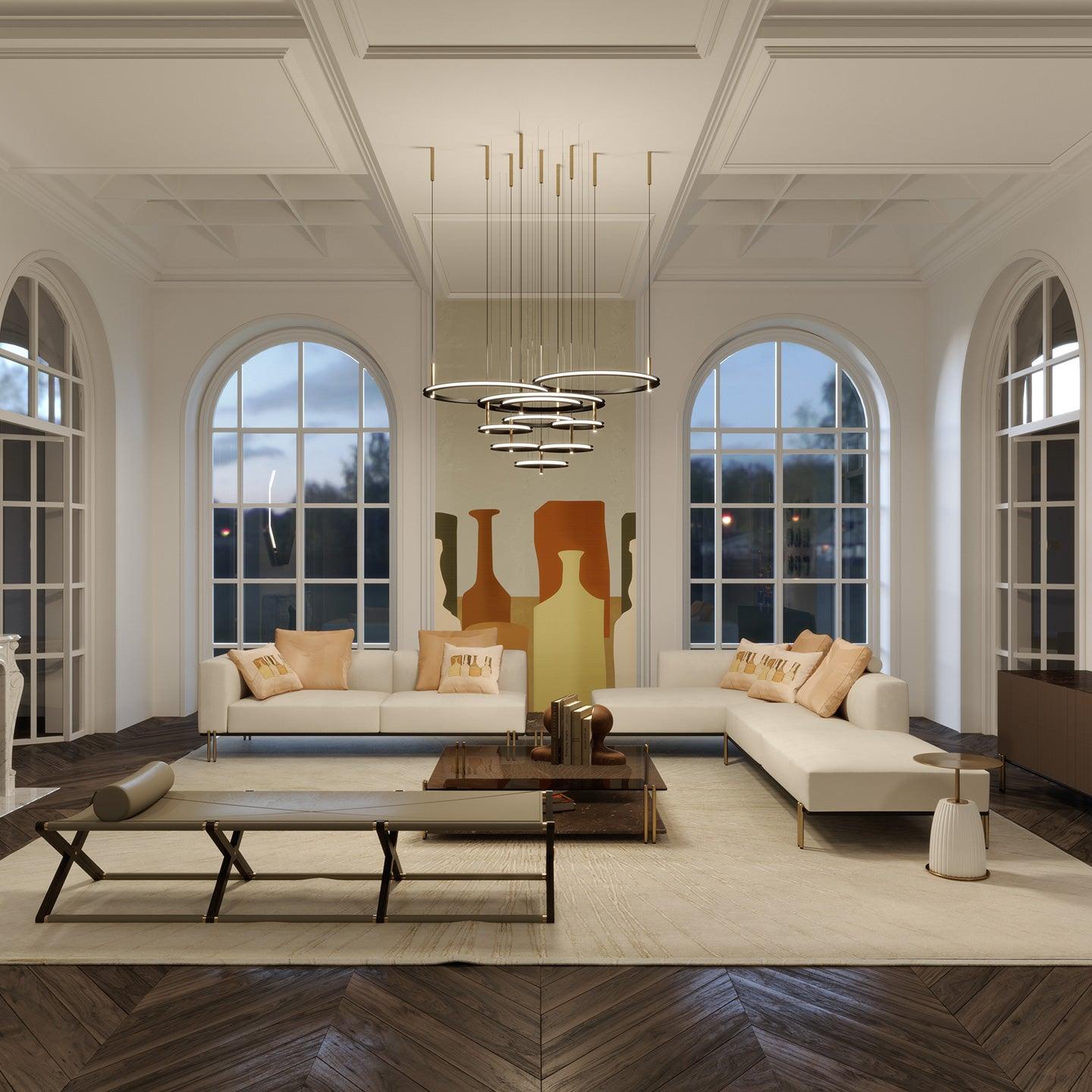 Contemporary Geometric LED Ring Chandelier with Integrated Gold Spotlights