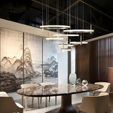 Contemporary Geometric LED Ring Chandelier with Integrated Gold Spotlights
