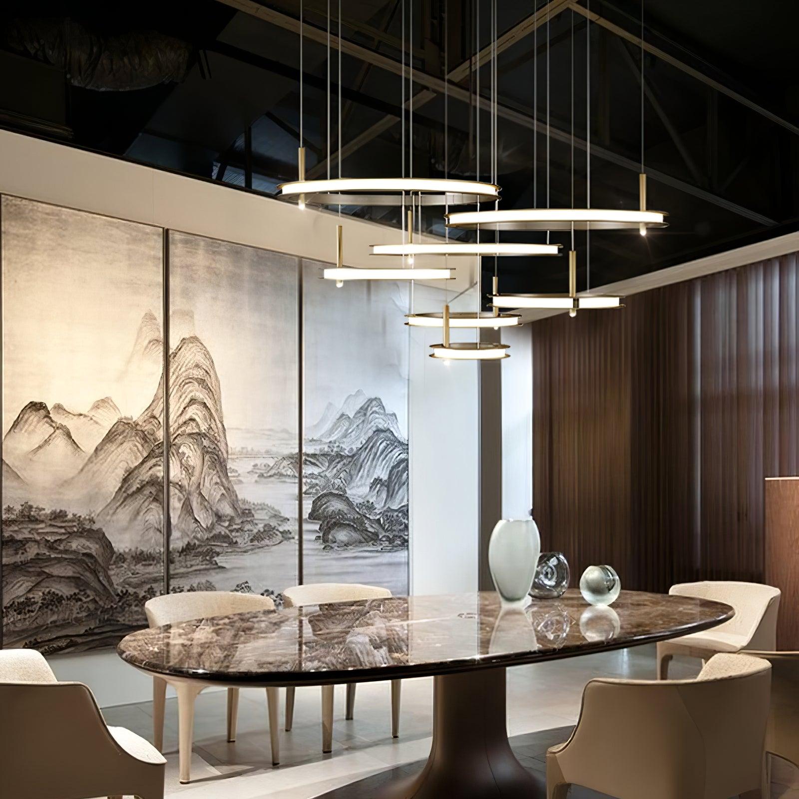 Contemporary Geometric LED Ring Chandelier with Integrated Gold Spotlights