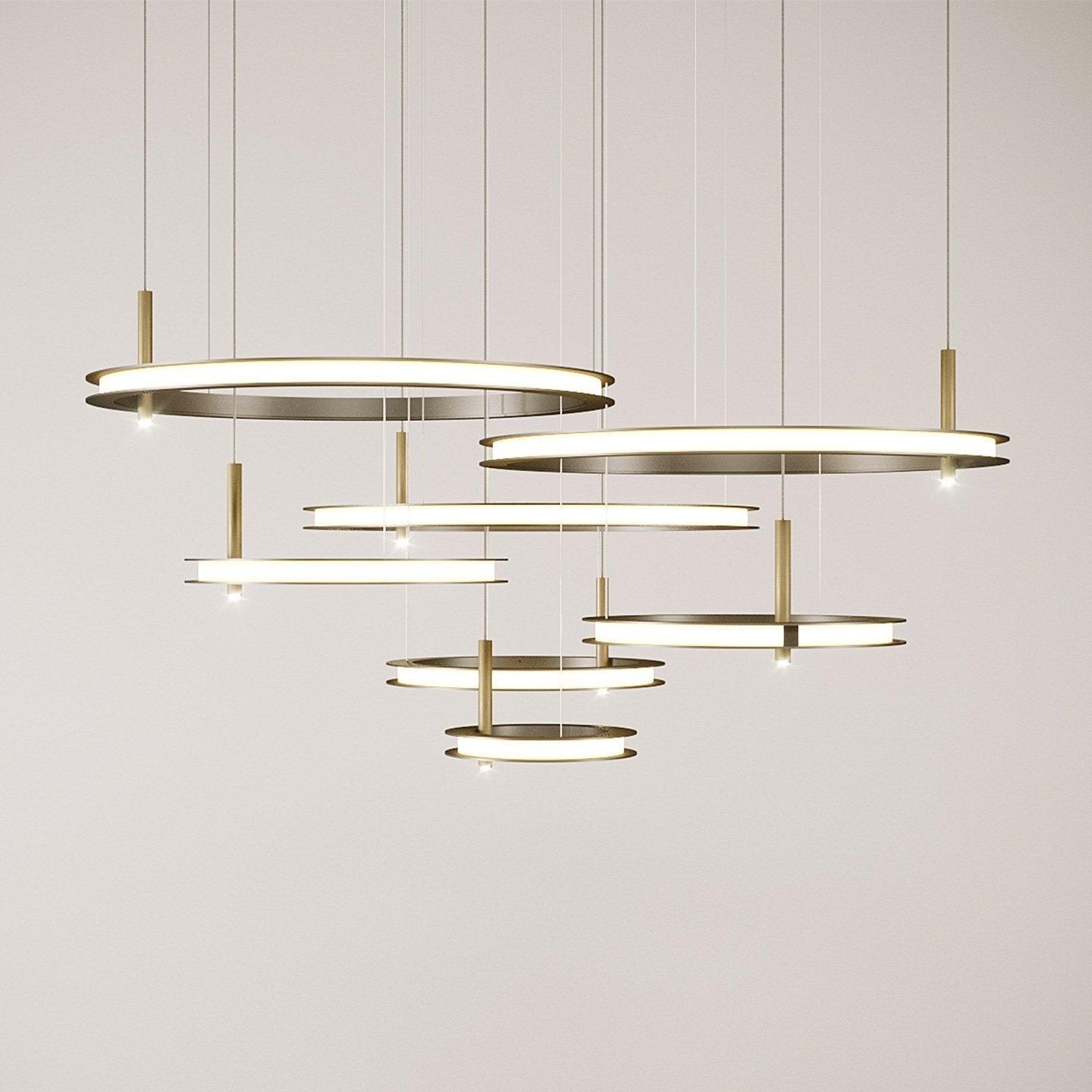 Contemporary Geometric LED Ring Chandelier with Integrated Gold Spotlights